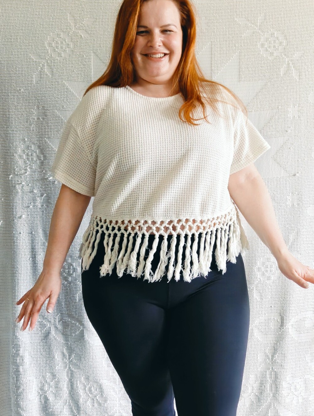 SHEIN Curve Cream Waffle Knit Top Macrame Fringe | Boho Festival Beach | 1XL